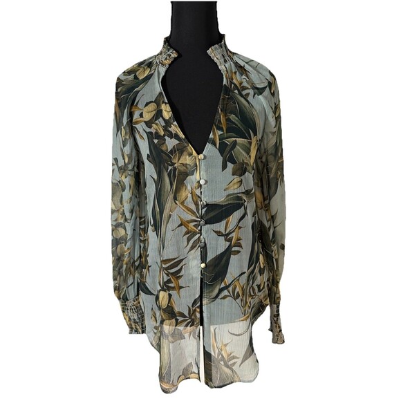 GUESS Sheer Floral Blouse Women Long Sleeve Smocked Cuffs Boho Peasant Top Sz XS - Picture 1 of 8